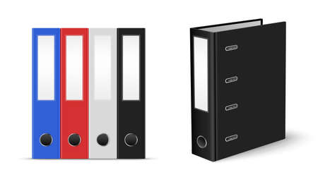 Row of four colored office ring binders and isolated black binder for A4 paper sheet realistic vector illustrationのイラスト素材