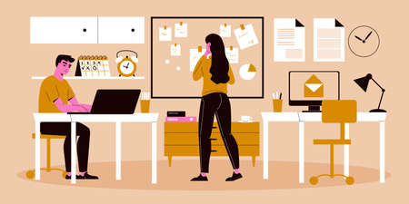 Time management composition with indoor view of office room with coworkers and board with task notes vector illustrationのイラスト素材