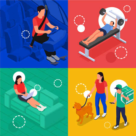 Physical activity isometric 2x2 set with active and sedentary living people isolated vector illustrationのイラスト素材