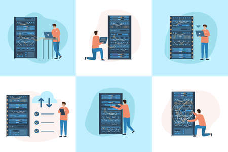System administrator flat set of square isolated compositions with doodle characters of programmers...