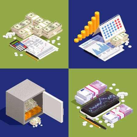 Financial technology 2x2 set with isometric money and stock exchange trading symbols isolated vector illustrationのイラスト素材