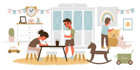 Children room composition with indoor scenery and doodle characters of teens drawing at desk with toys vector illustrationのイラスト素材