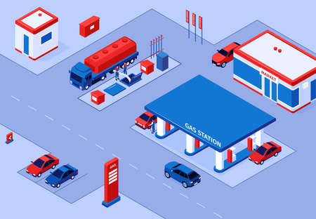 Isometric gas station horizontal composition with outdoor scenery and petrol station buildings with shelter and cars vector illustrationのイラスト素材