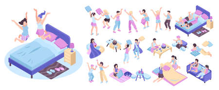 Isometric pajamas icon set girlie party with jumping on beds in pajamas pillow fights wine and cake party dancing vector illustrationのイラスト素材