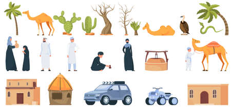 Desert people set of flat isolated icons with cars houses and wild plants with human characters vector illustrationのイラスト素材