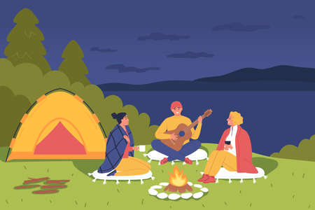 Camping flat color background with people sitting in evening around bonfire with guitar vector illustrationのイラスト素材
