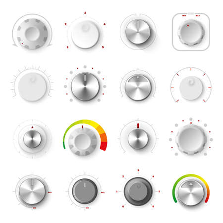 Round adjustment dial on white background realistic set of analogue knobs for level control isolated vector illustrationのイラスト素材