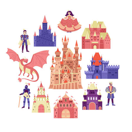Kingdom composition with doodle characters of prince knight king and princess with icons of fairytale castles vector illustrationのイラスト素材
