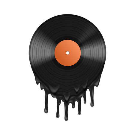 Vinyl record melting realistic composition large black drops of molten vinyl drip off the record vector illustrationのイラスト素材