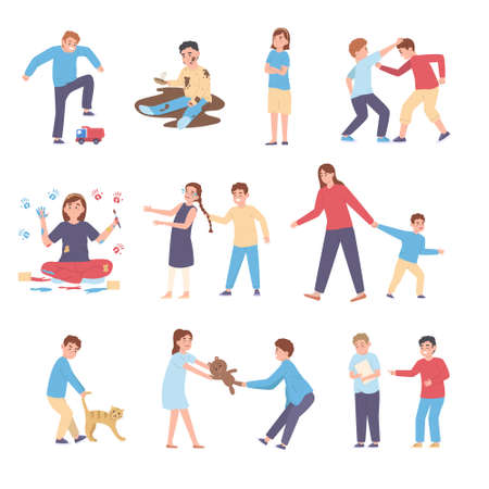 Bad behavior of children flat set with kids characters being rude and offensive isolated vector illustrationのイラスト素材