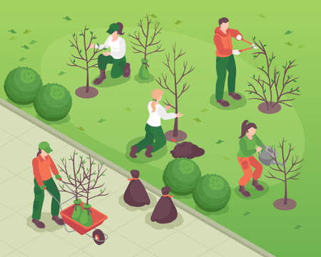 Men and women doing spring gardening works planting watering and pruning trees on green lawn 3d isometric vector illustrationのイラスト素材