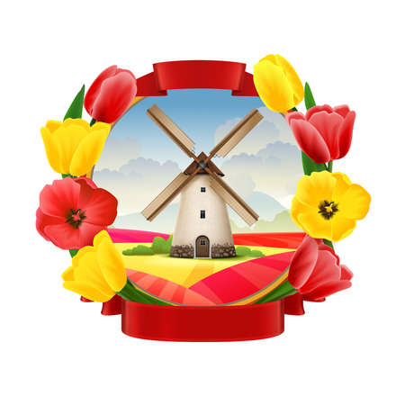 Old mill realistic emblem decorated with frame of red and yellow spring flowers isolated vector illustrationのイラスト素材