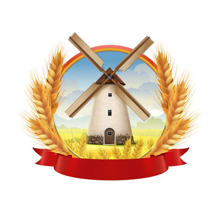 Mill emblem decorated with grain spikes and red ribbon realistic composition isolated vector illustrationのイラスト素材