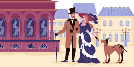Victorian flat illustration with lady and gentleman dressed in clothes of 18th century at old city buildings background vector illustrationのイラスト素材
