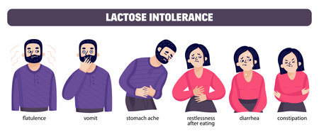 Lactose intolerant symptoms set with cartoon human characters of man and woman suffering from milk intolerance vector illustrationのイラスト素材