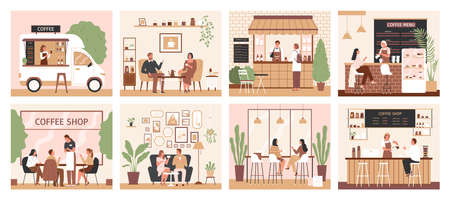 Coffee shop set of isolated color compositions with views of people meeting each other in cafe vector illustrationのイラスト素材