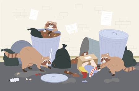 Three cute raccoons looking for food in street garbage containers flat vector illustrationのイラスト素材