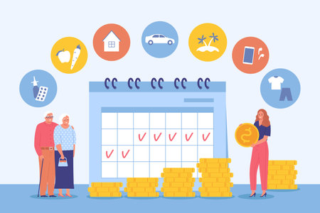 Flat family budget planning background with elderly people and woman diving savings among various needs and expenses vector illustrationのイラスト素材