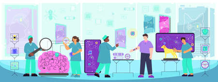 Micro chip human composition with flat futuristic laboratory scenery with people in uniform computers and sensors vector illustrationのイラスト素材
