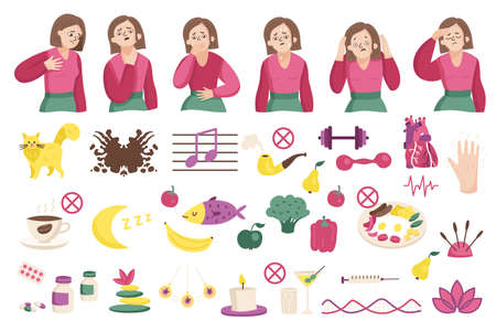 Panic attack color set with isolated icons of causes prohibition signs and female characters expressing emotions vector illustrationのイラスト素材