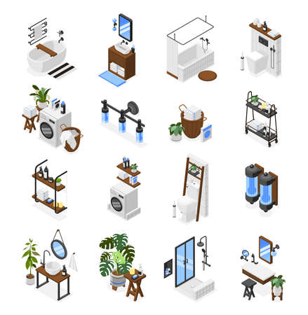 Isometric modern bathroom and toilet interiors set with equipment accessories decor elements isolated 3d vector illustrationのイラスト素材