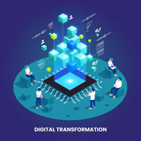 Digital transformation and digitalization isometric composition with microchip and abstract computer symbols vector illustrationのイラスト素材