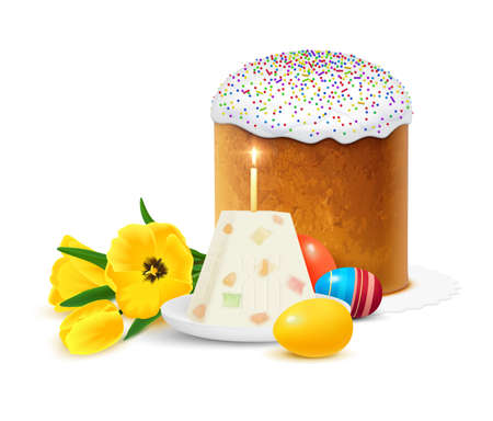 eastern orthodox easter realistic composition with traditional sweet cake paskha dyed eggs and spring flowers vector illustrationのイラスト素材