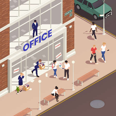 Unemployment isometric composition with people loosed their jobs in front of the office building vector illustrationのイラスト素材