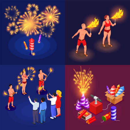 Fireworks party fire show and pyrotechnics 2x2 isometric compositions set isolated vector illustrationのイラスト素材
