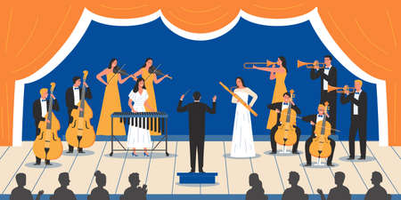 Musical concert flat vector illustration with musicians and bandmaster on stage and silhouettes of audience coming to listen musicのイラスト素材