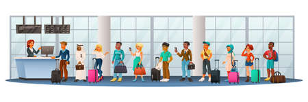 Cartoon characters diversity horizontal composition with queue to airport counter with international...