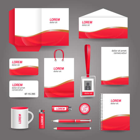Red wavy abstract business stationery template for corporate identity and branding set vector illustrationのイラスト素材