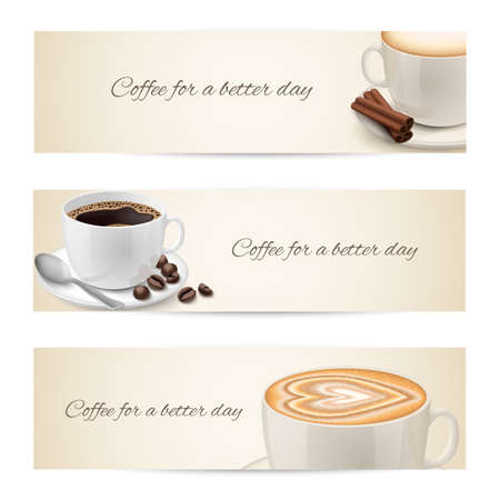 Collection of banners ribbons with coffee cups filles with espresso cappuccino isolated vector illustrationのイラスト素材