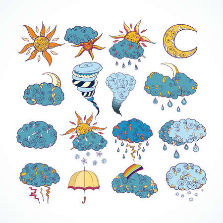 Doodle weather forecast color decorative design elements collection isolated vector illustrationのイラスト素材