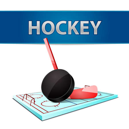 Realistic hockey stick puck and ice arena emblem isolated vector illustrationのイラスト素材