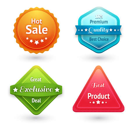 Collection of sale labels stickers or tags for best price high quality and exclusive deal isolated vector illustrationのイラスト素材