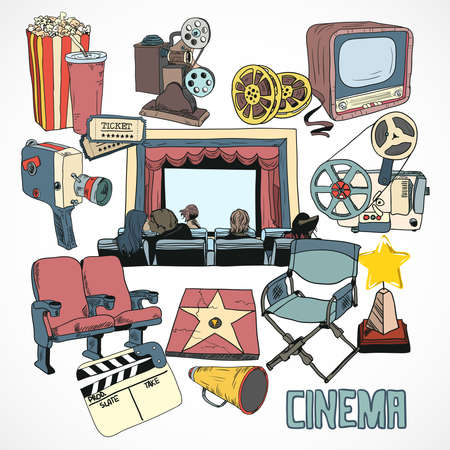 Vintage cinema with retro movie reel projector screen and couple kissing concept poster hand drawn vector illustrationのイラスト素材