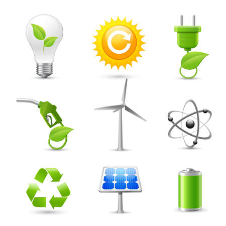 Realistic energy and ecology icons set with fossil gas solar panel and windmill decorative elements isolated vector illustrationのイラスト素材