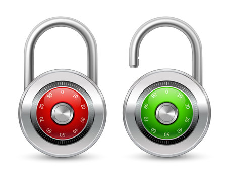 Open green and closed red realistic steel security lock icon with shackle protected by password combination isolated vector illustrationのイラスト素材