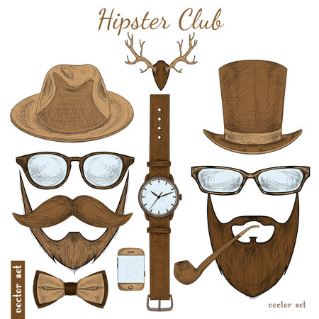 Vintage hipster club accessories set for gentleman of glasses hat tobacco pipe bow mustache and beard isolated sketch vector illustrationのイラスト素材