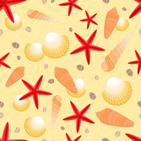 Seashells and stars on the golden sand summer beach seamless pattern vector illustrationのイラスト素材