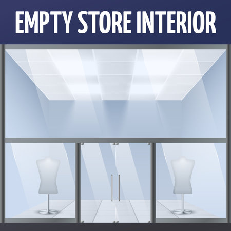 Illuminated empty department store building interior with dress forms vector illustration.のイラスト素材