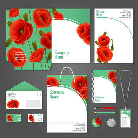 Poppy business company stationery template for corporate identity and branding set isolated vector illustrationのイラスト素材