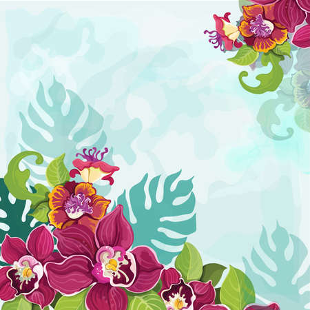 Colorful tropical pink purple and violet exotic flower garland decorative pattern background  vector illustrationのイラスト素材