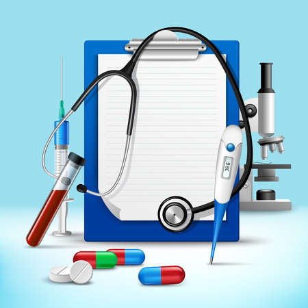 Realistic medical health service stethoscope and clipboard for notes emblem vector illustrationのイラスト素材