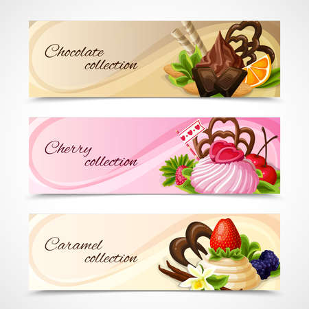 Decorative sweet desserts horizontal banners chocolate cherry caramel collection vector illustrationのイラスト素材