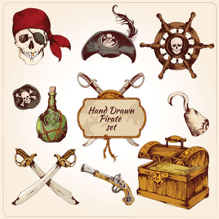 Hand drawn colored pirates decorative icons set of gun hook sword isolated vector illustrationのイラスト素材
