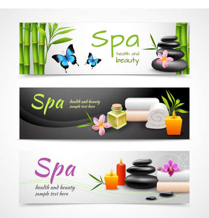 Realistic spa beauty health care banner set with stones towels candles isolated vector illustrationのイラスト素材