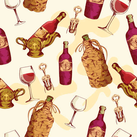 Wine vintage seamless pattern with glass bottle corkscrew vector illustrationのイラスト素材