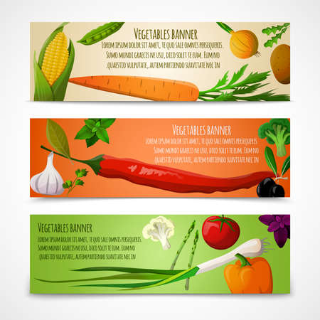 Food vegetables doodle horizontal banners set of corn peas carrot onion potato vector illustrationのイラスト素材